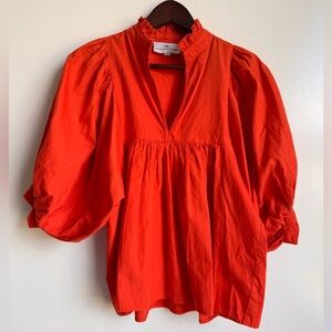 Never a Wallflower High Neck Top Puff Sleeves‎ Red Orange XS Ruffles Luxury